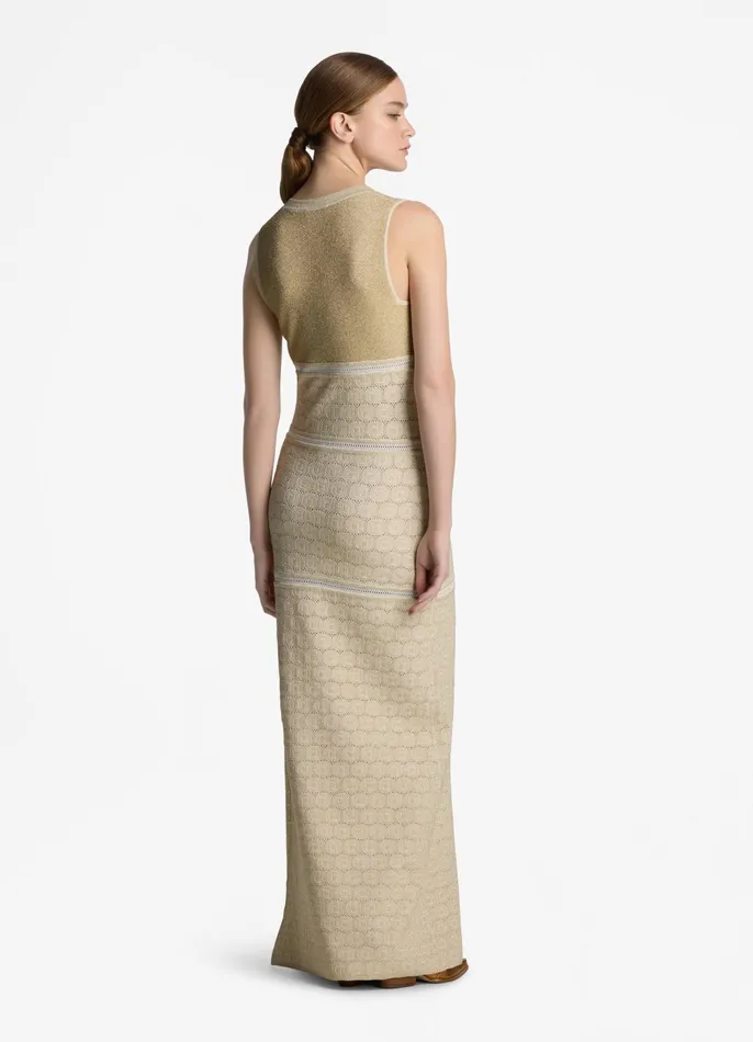 Women Formal and Evening Wear St John Lurex Pointelle Knit Gown Ecrugold Lurex Multi Women Formal and Evening Wear St John Lurex Pointelle Knit Gown Ecrugold Lurex Multi