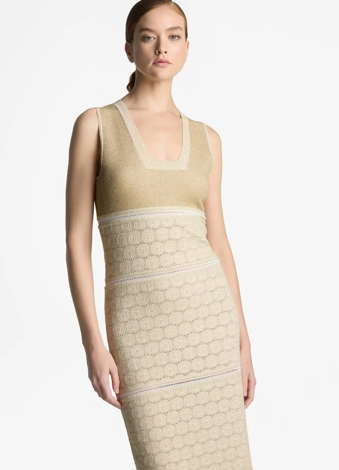 Women Formal and Evening Wear St John Lurex Pointelle Knit Gown Ecrugold Lurex Multi Women Formal and Evening Wear St John Lurex Pointelle Knit Gown Ecrugold Lurex Multi