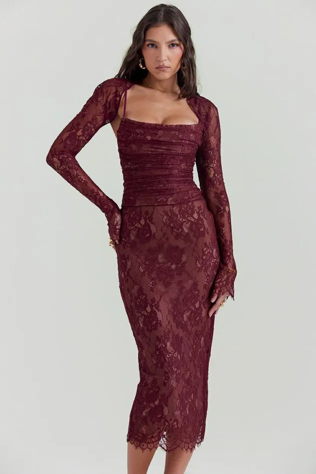 Women Gaia Claret Lace Midi Dress House Of CB Dresses