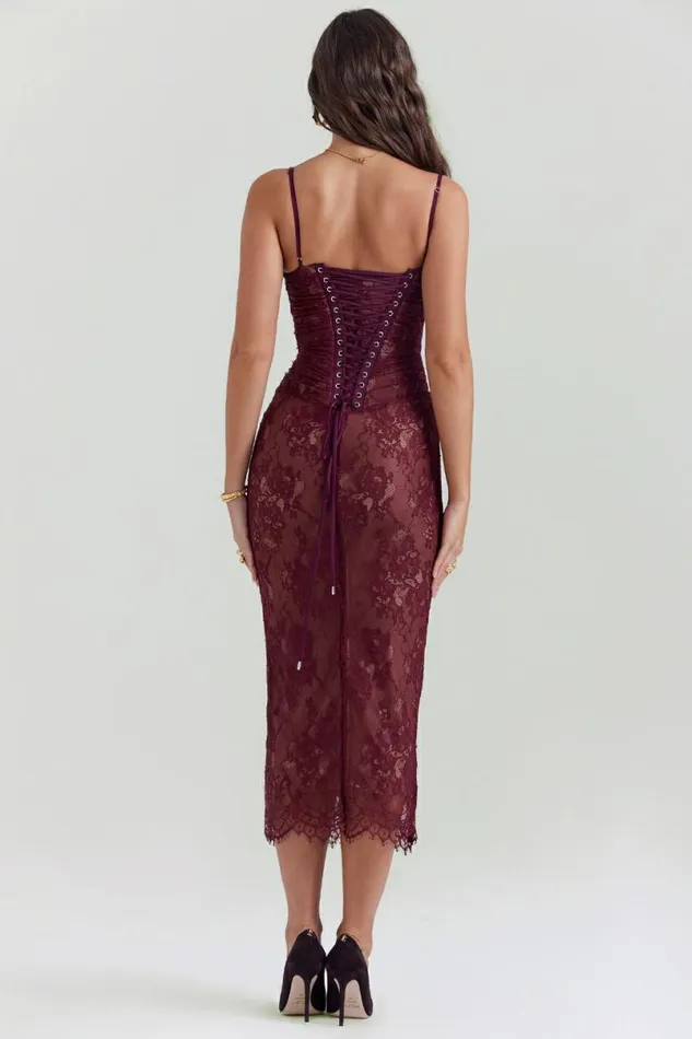 Women Gaia Claret Lace Midi Dress House Of CB Dresses