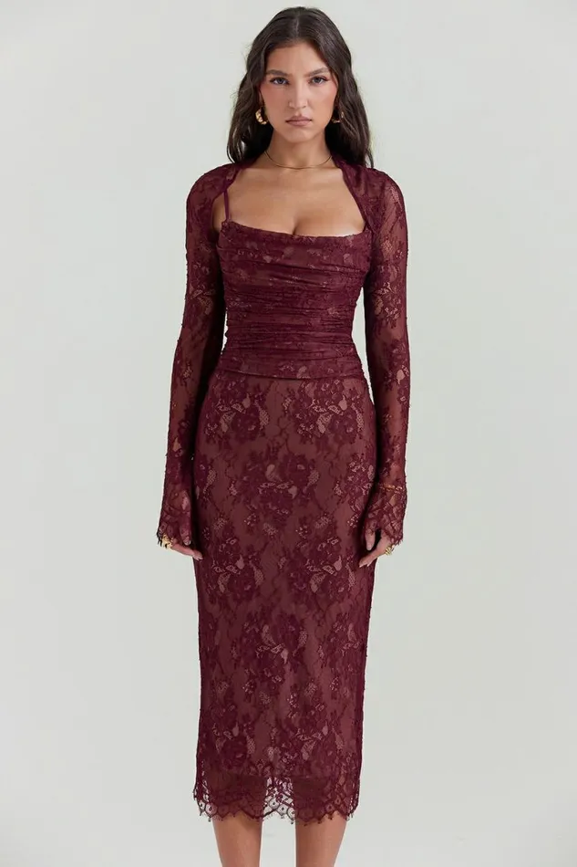 Women Gaia Claret Lace Midi Dress House Of CB Dresses