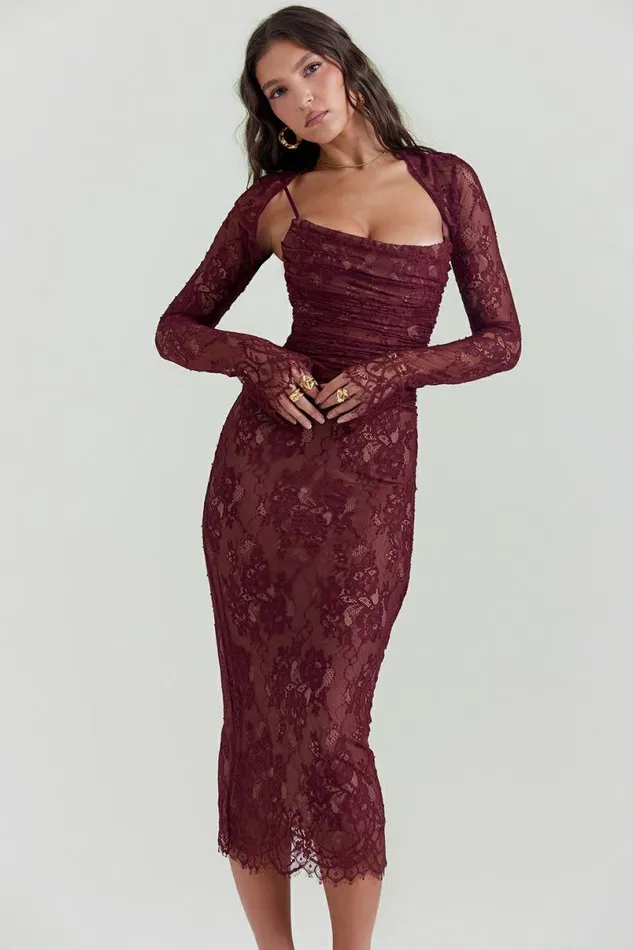 Women Gaia Claret Lace Midi Dress House Of CB Dresses