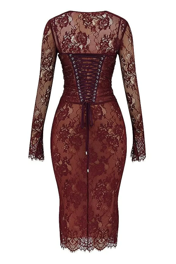 Women Gaia Claret Lace Midi Dress House Of CB Dresses