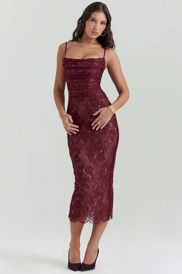 Women Gaia Claret Lace Midi Dress House Of CB Dresses