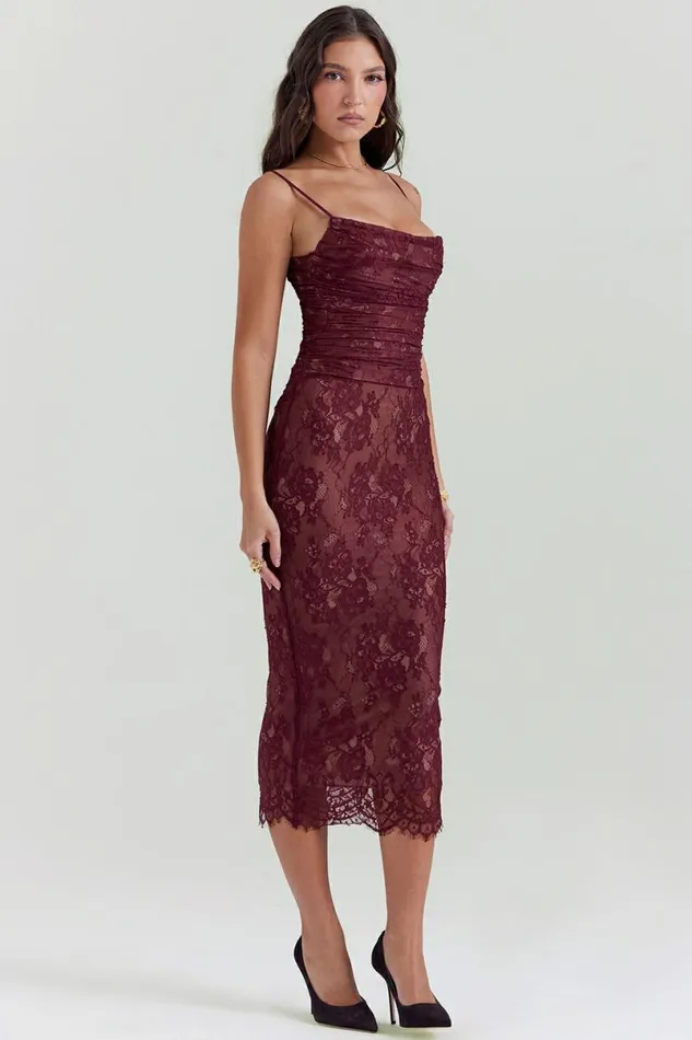 Women Gaia Claret Lace Midi Dress House Of CB Dresses