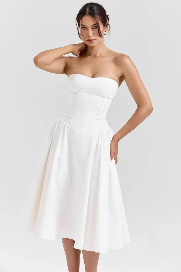 Women Georgiana White Cotton Strapless Midi Sundress House Of CB Dresses