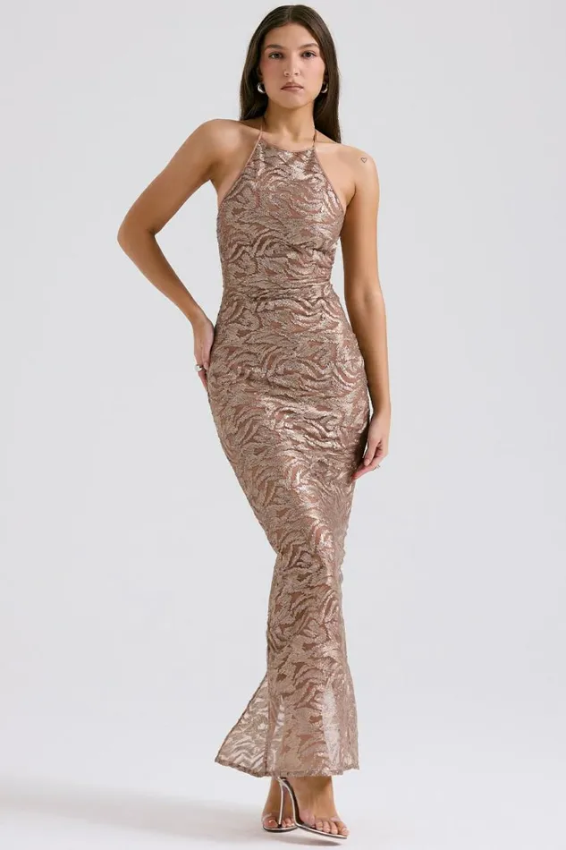 Women Giada Rose Gold Embroidered Sequinned Gown House Of CB Dresses