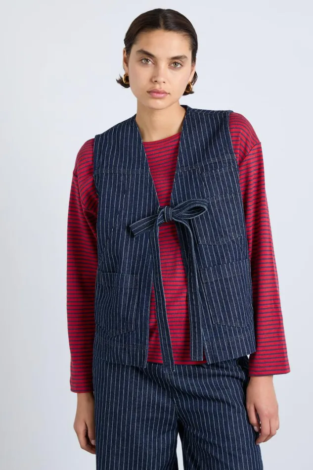 Women Gilets Damson Madder Dilly Gilet 8211 Navy Pinstripe