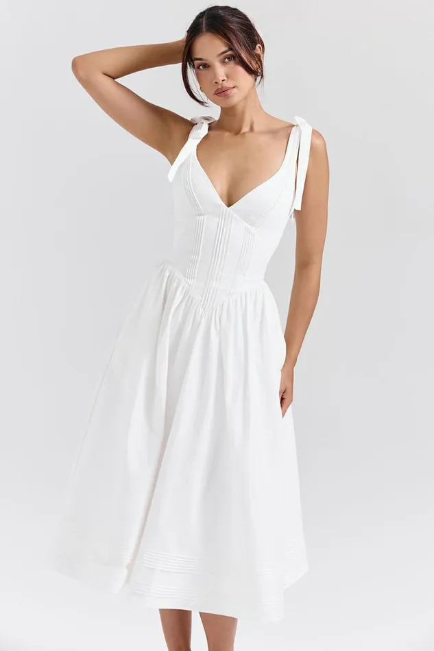 Women Hattie White Pin Tuck Cotton Midi Sundress House Of CB Dresses
