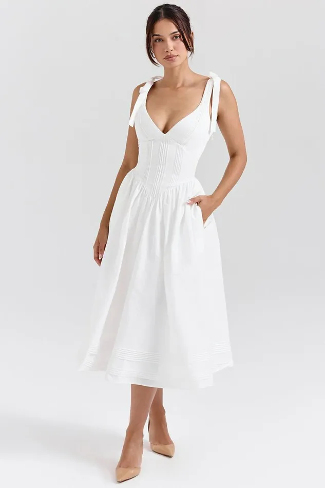 Women Hattie White Pin Tuck Cotton Midi Sundress House Of CB Dresses