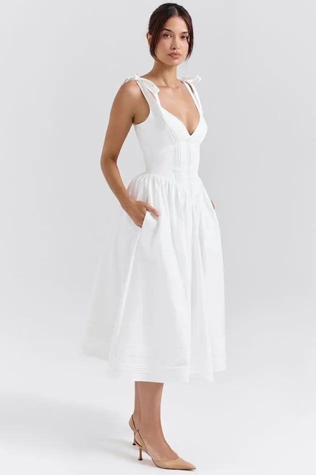 Women Hattie White Pin Tuck Cotton Midi Sundress House Of CB Dresses