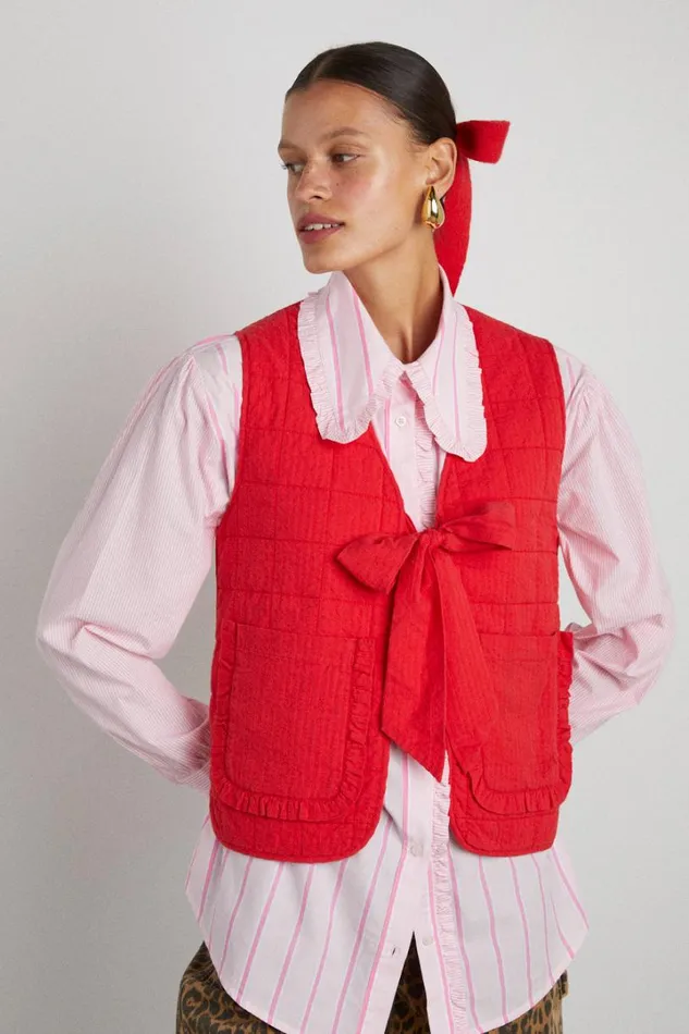 Women Jackets and Coats Damson Madder Arte Reversible Tie Gilet 8211 Red Ruffle