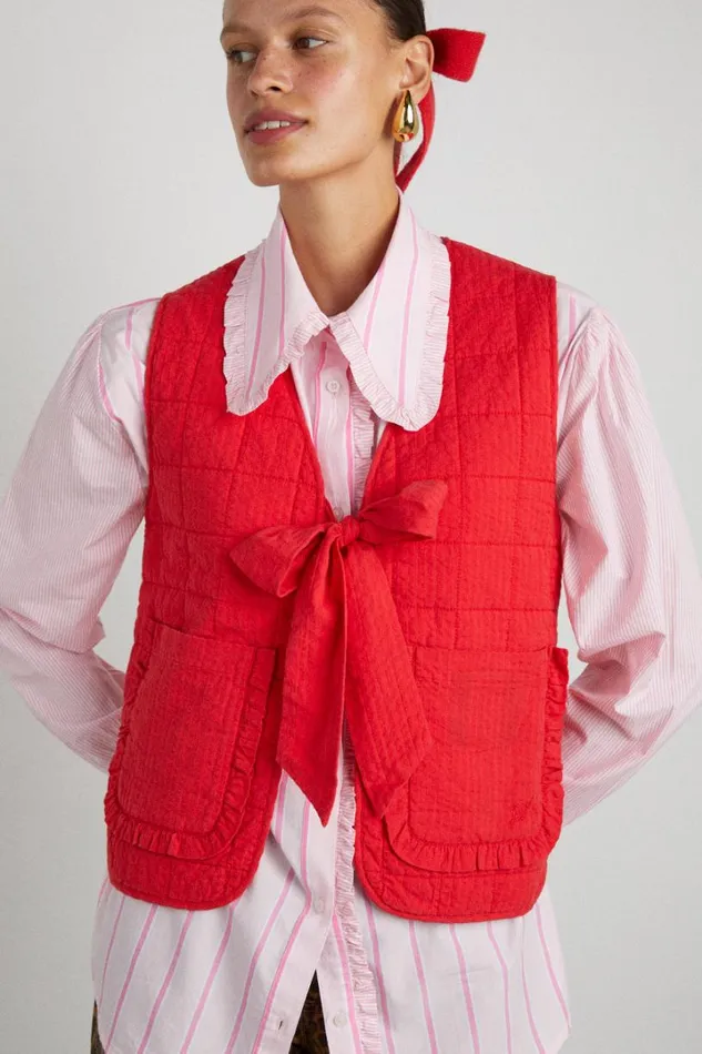 Women Jackets and Coats Damson Madder Arte Reversible Tie Gilet 8211 Red Ruffle