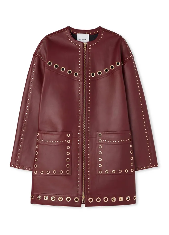 Women Jackets and Coats St John Embellished Doubleface Leather Coat Dark Cranberry Women Jackets and Coats St John Embellished Doubleface Leather Coat Dark Cranberry
