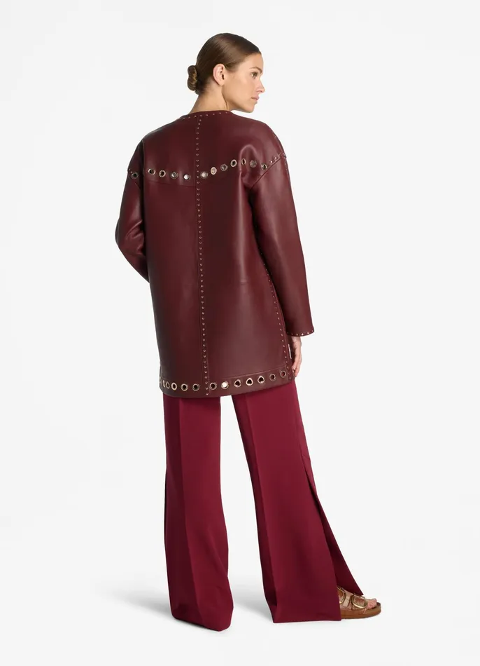Women Jackets and Coats St John Embellished Doubleface Leather Coat Dark Cranberry Women Jackets and Coats St John Embellished Doubleface Leather Coat Dark Cranberry