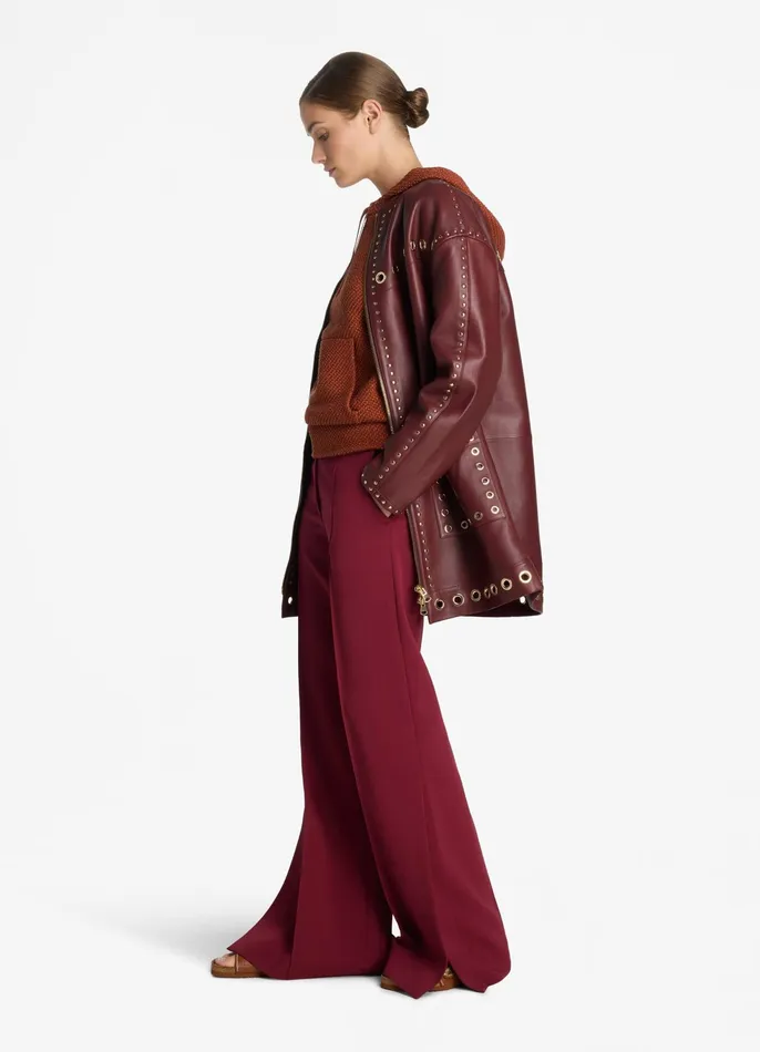Women Jackets and Coats St John Embellished Doubleface Leather Coat Dark Cranberry Women Jackets and Coats St John Embellished Doubleface Leather Coat Dark Cranberry