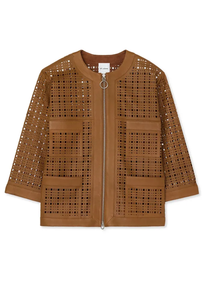 Women Jackets and Coats St John Laser Cut Leather Jacket Saddle