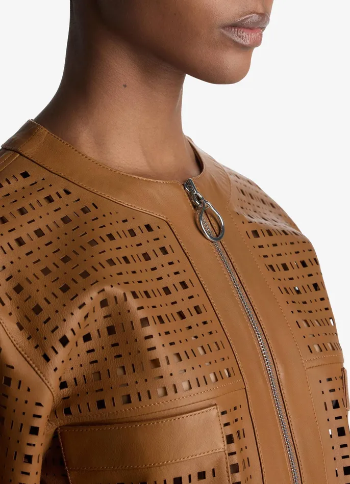 Women Jackets and Coats St John Laser Cut Leather Jacket Saddle Women Jackets and Coats St John Laser Cut Leather Jacket Saddle