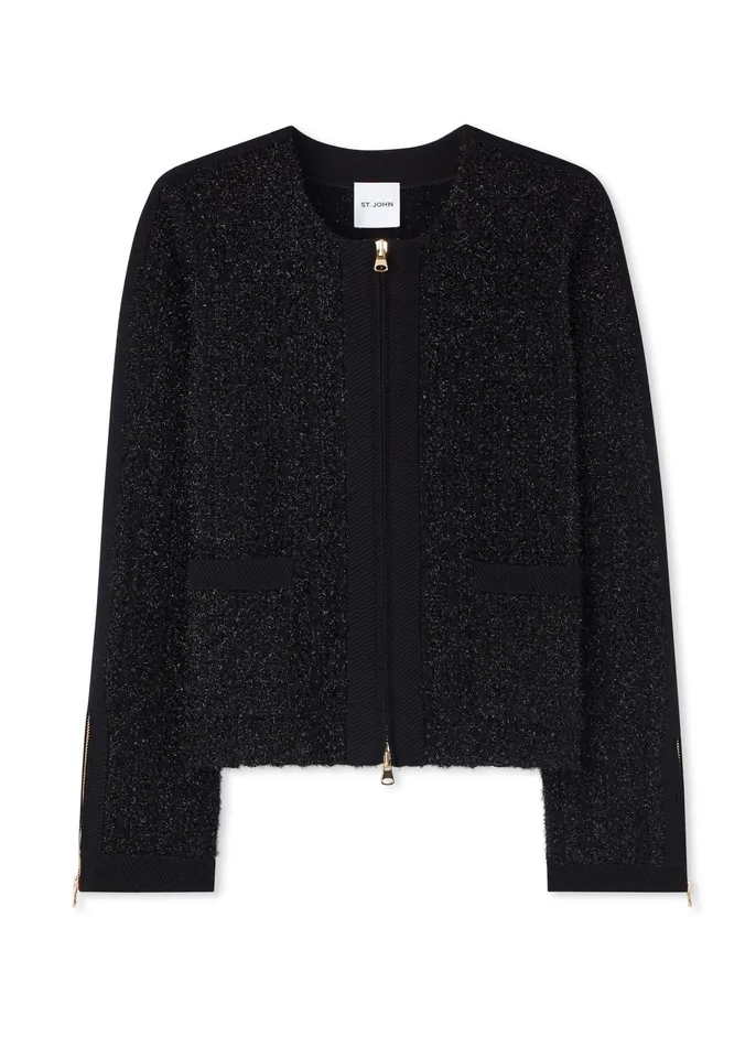 Women Jackets and Coats St John Sparkly Stretch Knit Jacket Black Multi