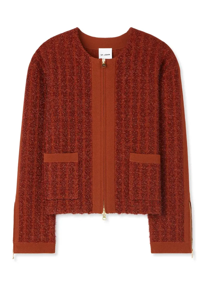 Women Jackets and Coats St John Sparkly Stretch Knit Jacket Brick Multi