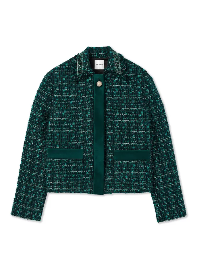 Women Jackets and Coats St John Twill Tweed Mixed Media Jacket Spruce Multi