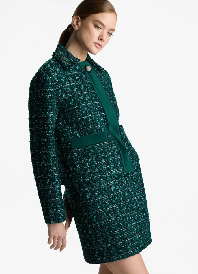 Women Jackets and Coats St John Twill Tweed Mixed Media Jacket Spruce Multi Women Jackets and Coats St John Twill Tweed Mixed Media Jacket Spruce Multi