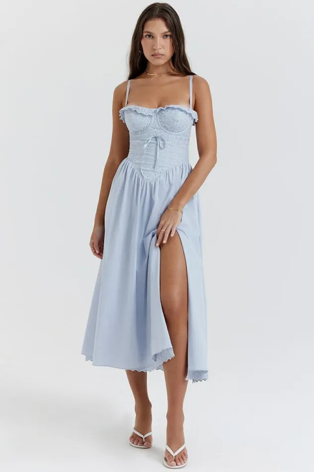 Women Jaime Soft Blue Cotton Broderie Anglais Midi SunDress House Of CB Dresses