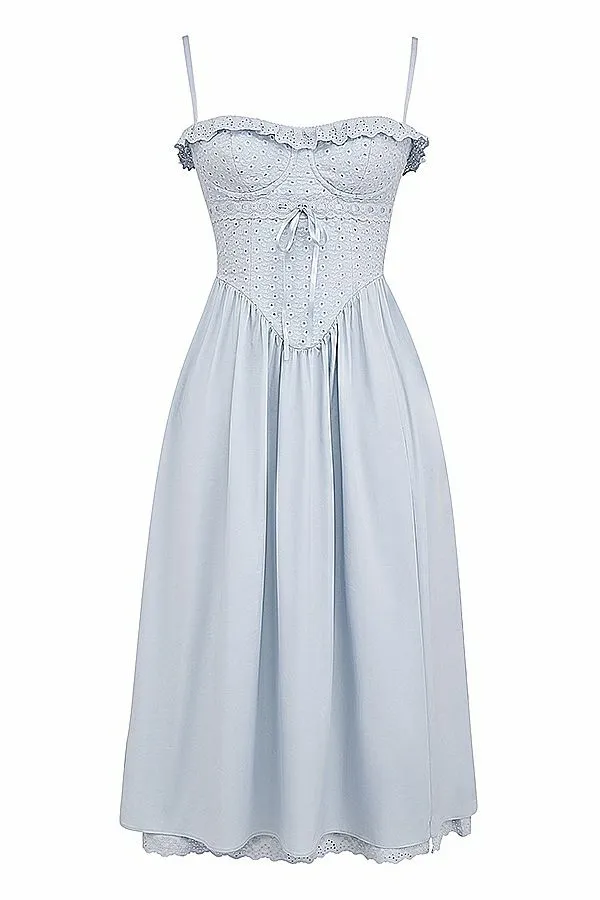 Women Jaime Soft Blue Cotton Broderie Anglais Midi SunDress House Of CB Dresses