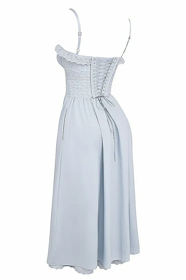 Women Jaime Soft Blue Cotton Broderie Anglais Midi SunDress House Of CB Dresses