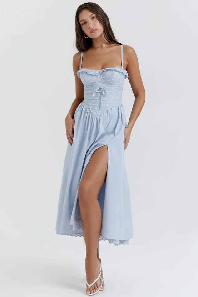 Women Jaime Soft Blue Cotton Broderie Anglais Midi SunDress House Of CB Dresses