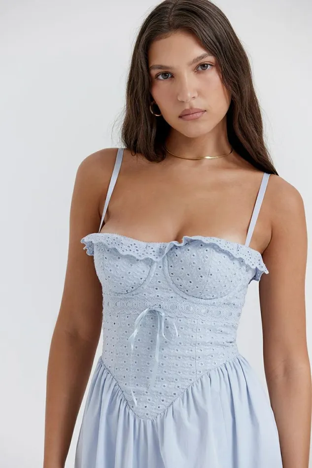 Women Jaime Soft Blue Cotton Broderie Anglais Midi SunDress House Of CB Dresses