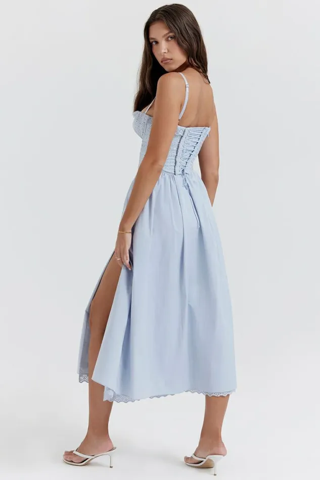 Women Jaime Soft Blue Cotton Broderie Anglais Midi SunDress House Of CB Dresses