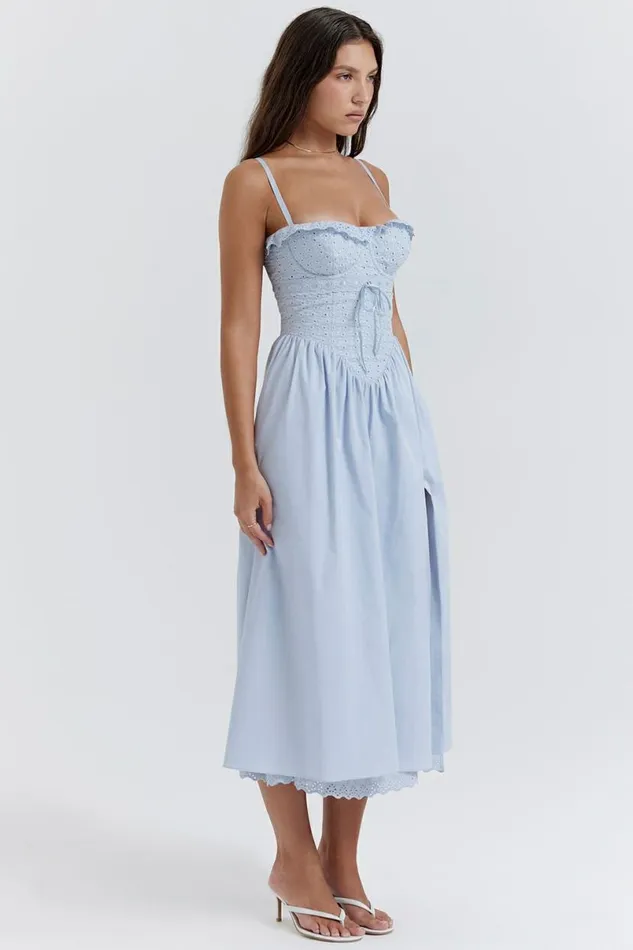 Women Jaime Soft Blue Cotton Broderie Anglais Midi SunDress House Of CB Dresses