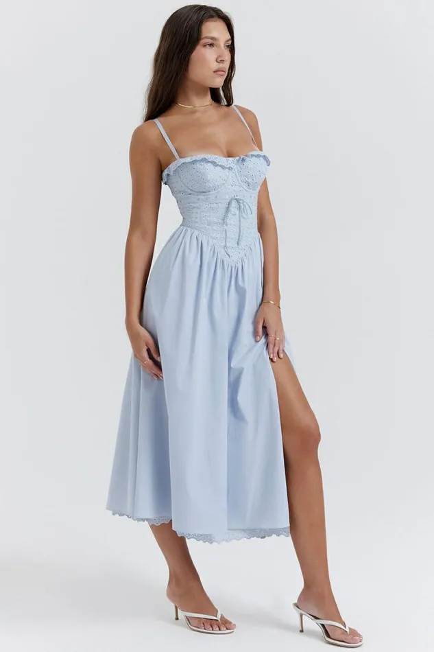Women Jaime Soft Blue Cotton Broderie Anglais Midi SunDress House Of CB Dresses