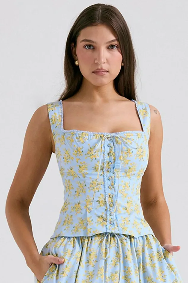 Women Juana Soft Blue Vintage Floral Print Cotton Top House Of CB Tops