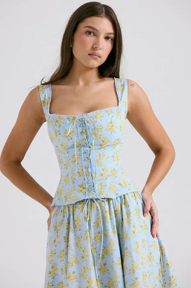 Women Juana Soft Blue Vintage Floral Print Cotton Top House Of CB Tops