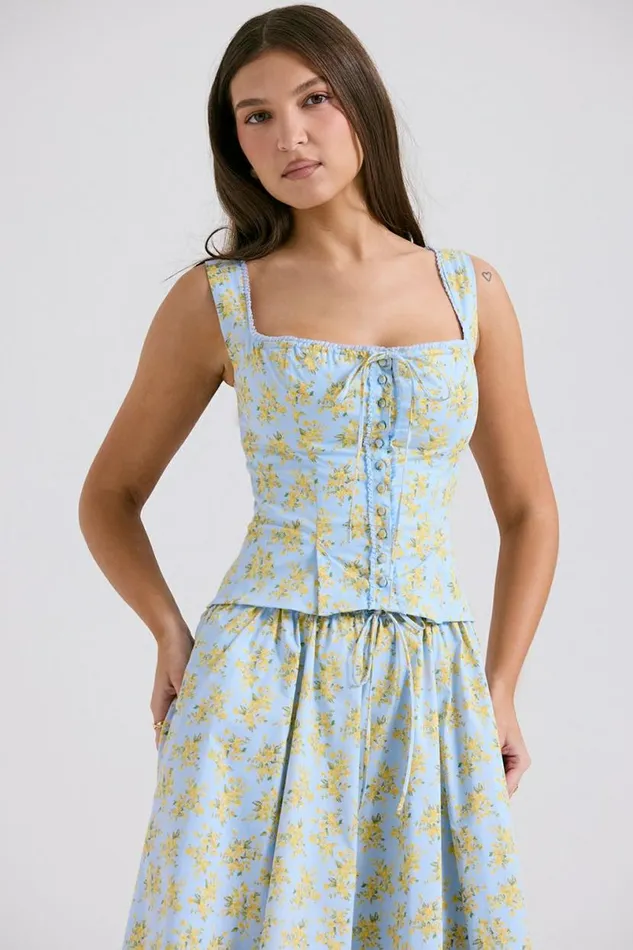 Women Juana Soft Blue Vintage Floral Print Cotton Top House Of CB Tops