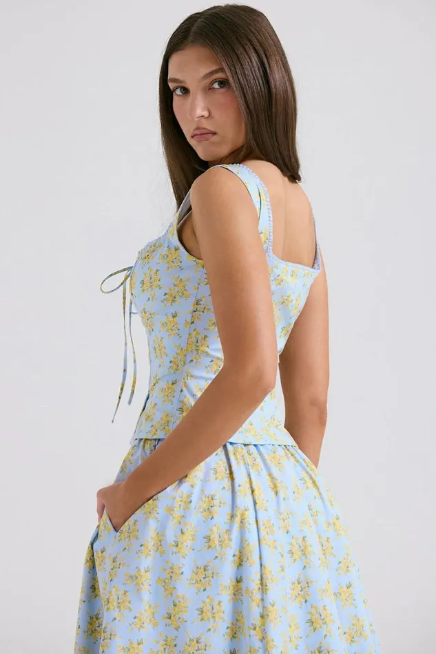 Women Juana Soft Blue Vintage Floral Print Cotton Top House Of CB Tops