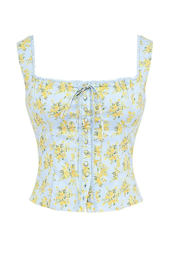 Women Juana Soft Blue Vintage Floral Print Cotton Top House Of CB Tops