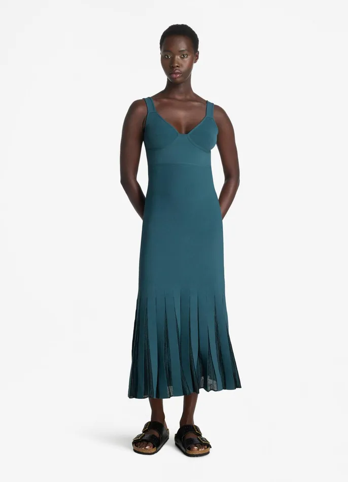 Women Knit Dresses St John Stretch Viscose Knit Dress With Sheer Pleats Prussian Blue Women Knit Dresses St John Stretch Viscose Knit Dress With Sheer Pleats Prussian Blue