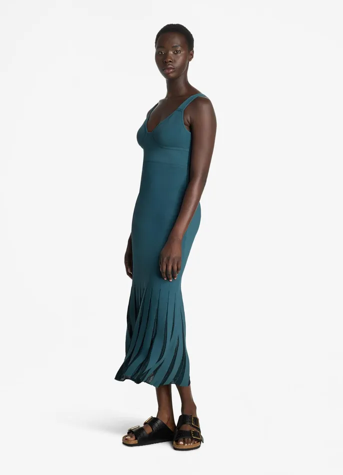 Women Knit Dresses St John Stretch Viscose Knit Dress With Sheer Pleats Prussian Blue Women Knit Dresses St John Stretch Viscose Knit Dress With Sheer Pleats Prussian Blue