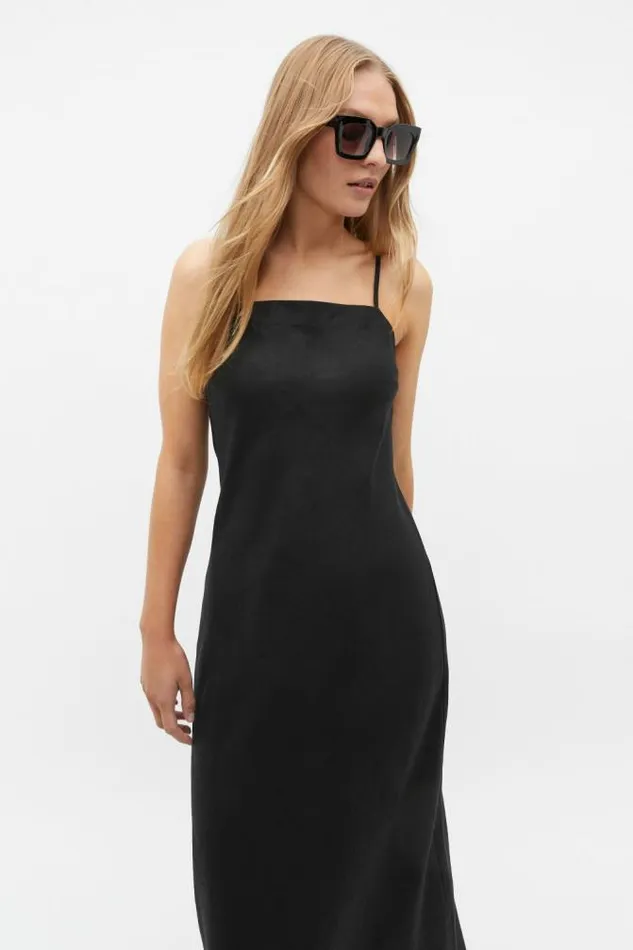Women Linen Seed Heritage Core Linen Square Neck Slip Dress Black