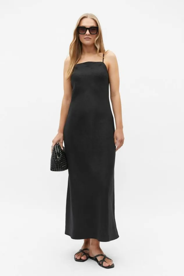 Women Linen Seed Heritage Core Linen Square Neck Slip Dress Black