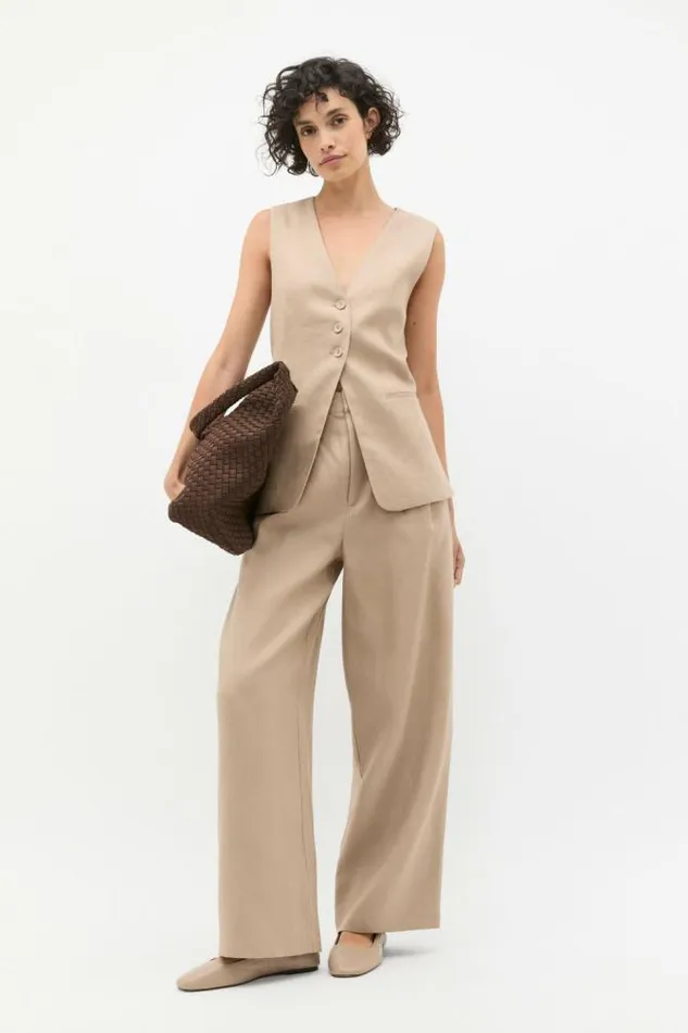 Women Linen Seed Heritage Tailored Linen Pleat Pant Cookie