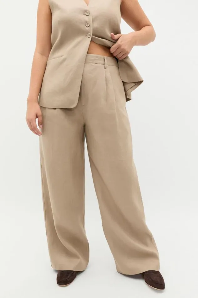 Women Linen Seed Heritage Tailored Linen Pleat Pant Cookie