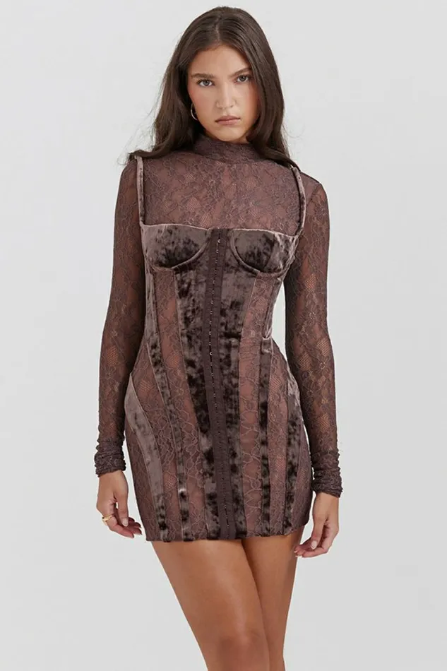 Women Marica Brown Velvet and Lace Corset Dress House Of CB Dresses