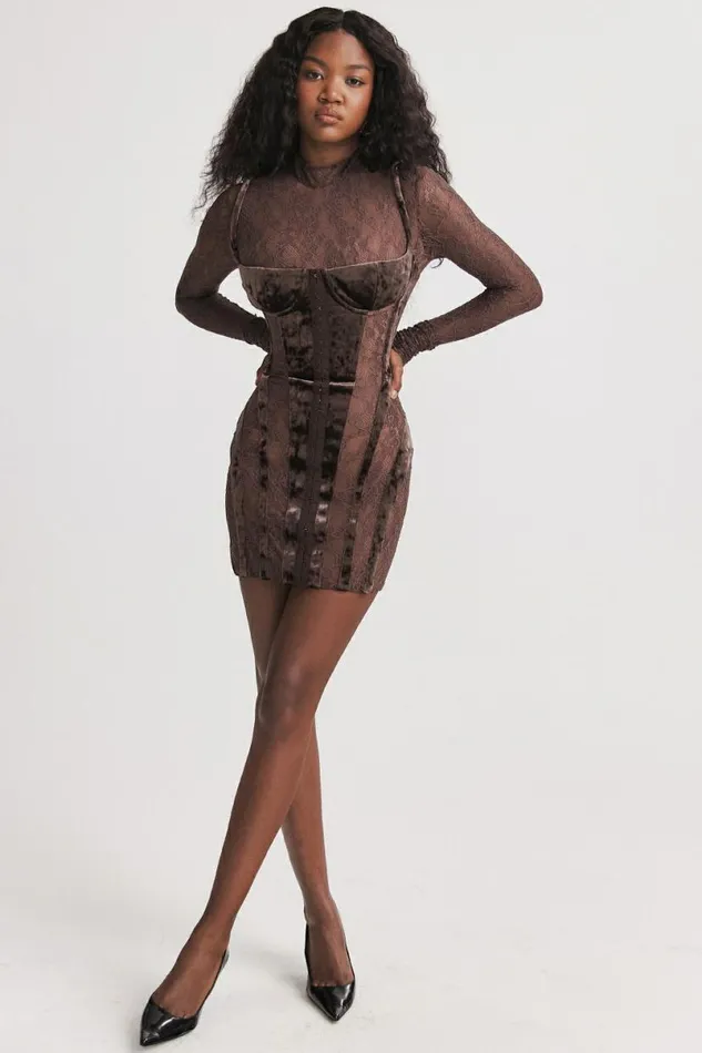 Women Marica Brown Velvet and Lace Corset Dress House Of CB Dresses