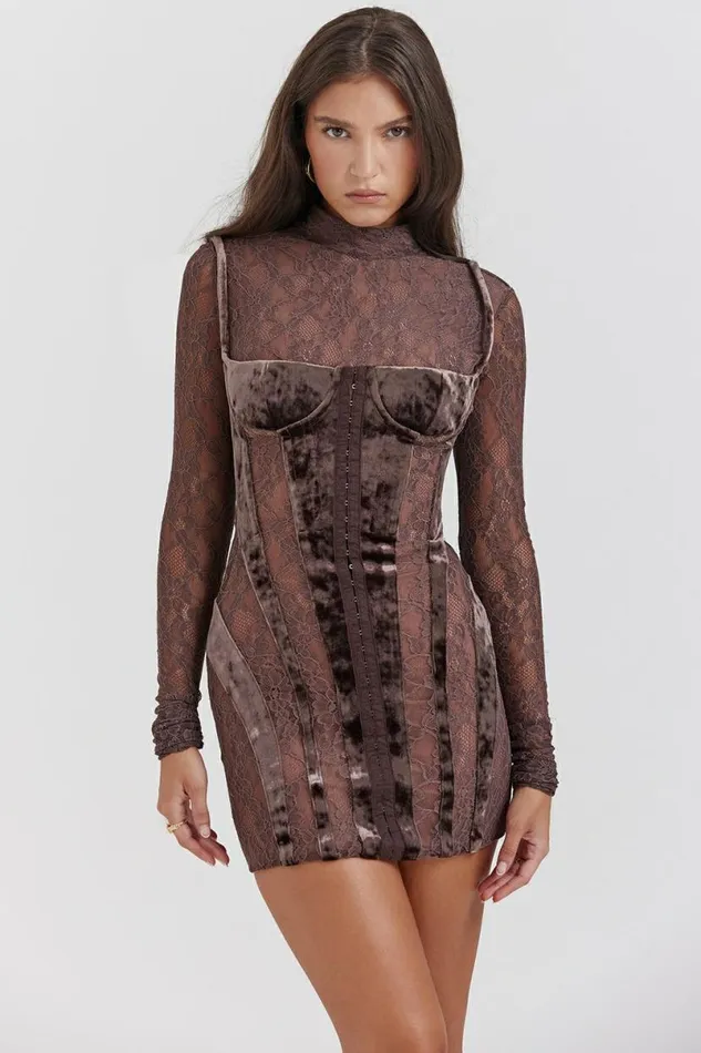 Women Marica Brown Velvet and Lace Corset Dress House Of CB Dresses