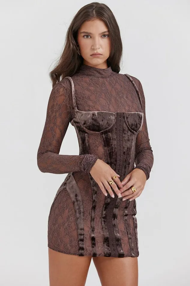 Women Marica Brown Velvet and Lace Corset Dress House Of CB Dresses