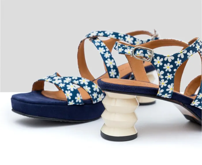 Women Medium Heel Audley Shoes Medium Heel Leather Sandal Frisia Navy Blue